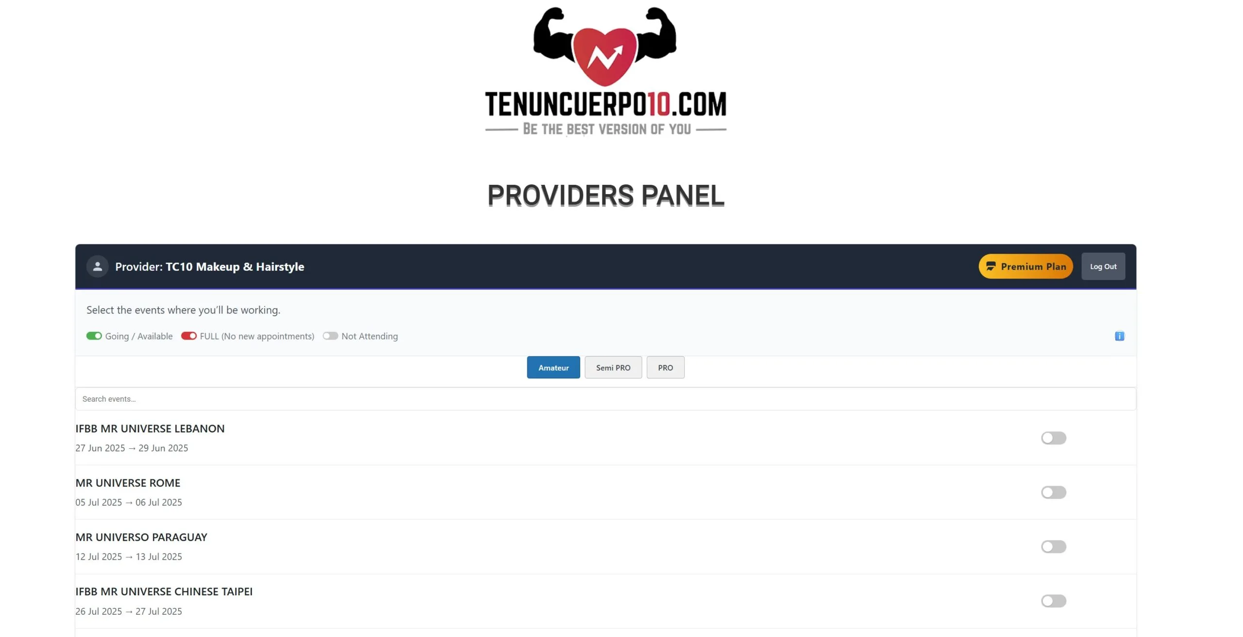 Tour Guiado Proveedores 1 Vista del panel de control de proveedor con la lista de eventos y ajustes.