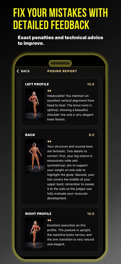 Aplicación de evaluación de poses IFBB con inteligencia artificial 8 Posing AI Coach Feedback
