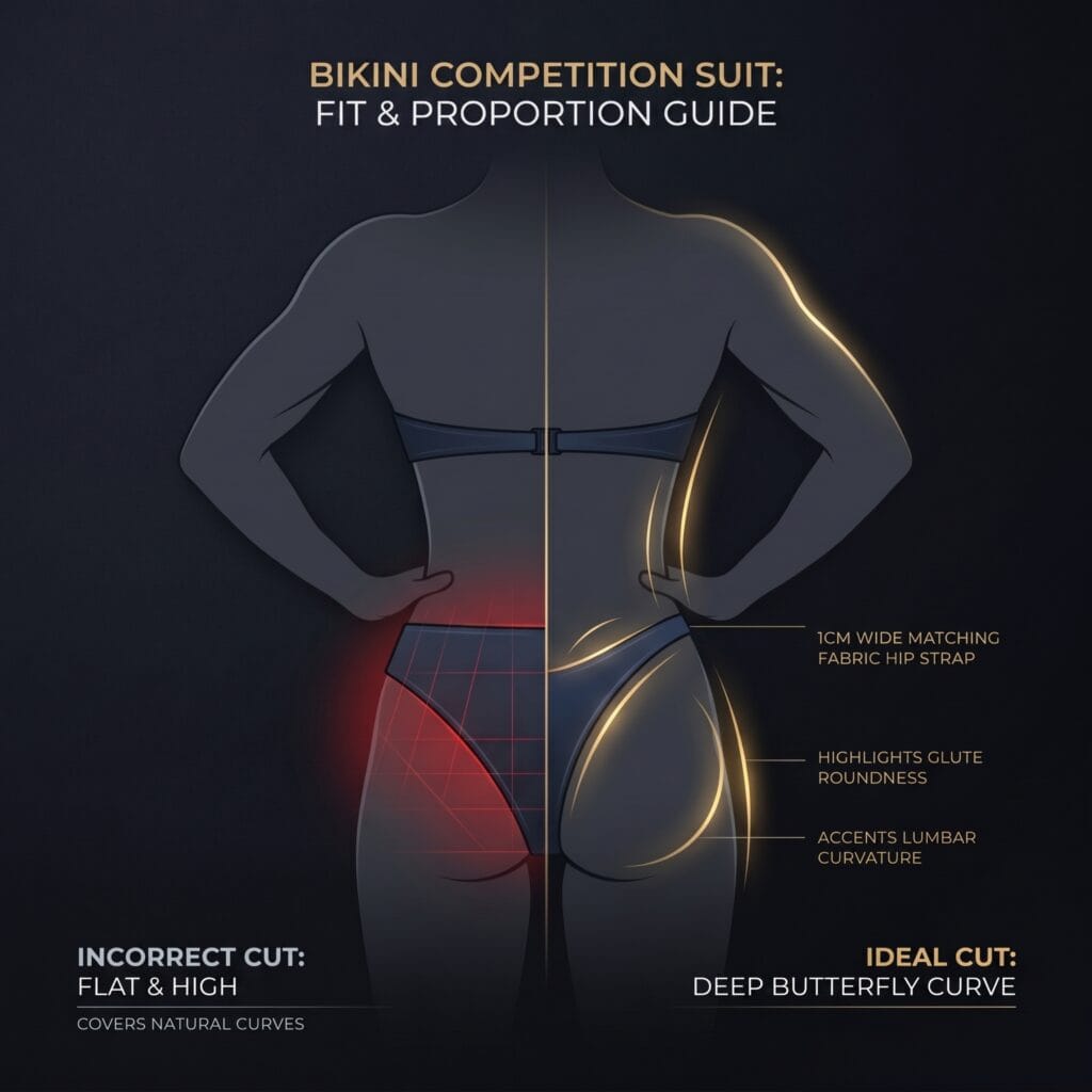 Bikinis de Competición IFBB 2026: Guía Oficial de Normativa, Cortes y Colores 3 Guía de proporciones de bikini IFBB: Comparativa entre corte plano incorrecto y corte mariposa ideal - TenUnCuerpo10