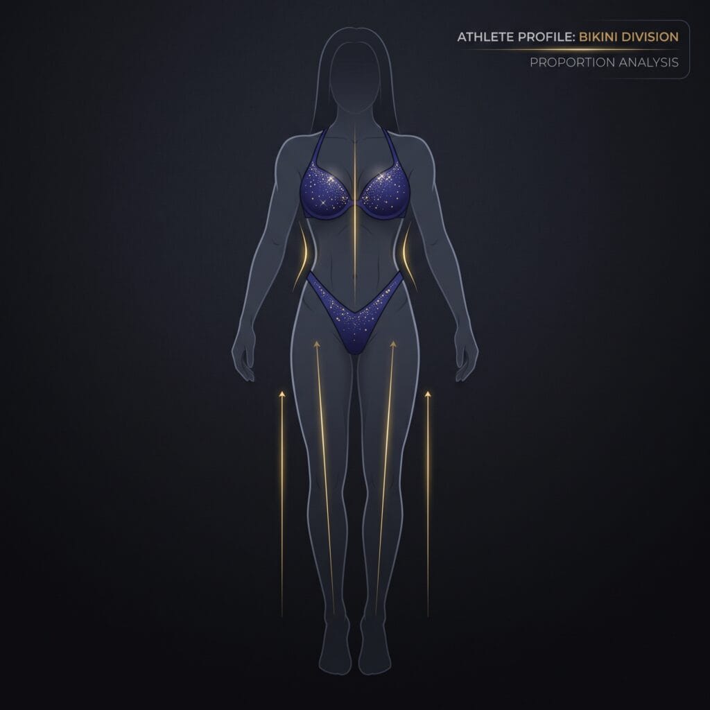 Bikinis de Competición IFBB 2026: Guía Oficial de Normativa, Cortes y Colores 4 Proporciones frontales y línea de silueta estilizada para Bikini Fitness IFBB - TenUnCuerpo10